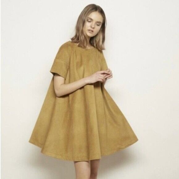 The Odells Anthropologie Corduroy Tent Mini Dress Size Small Cotton Tan Beige - Picture 1 of 12
